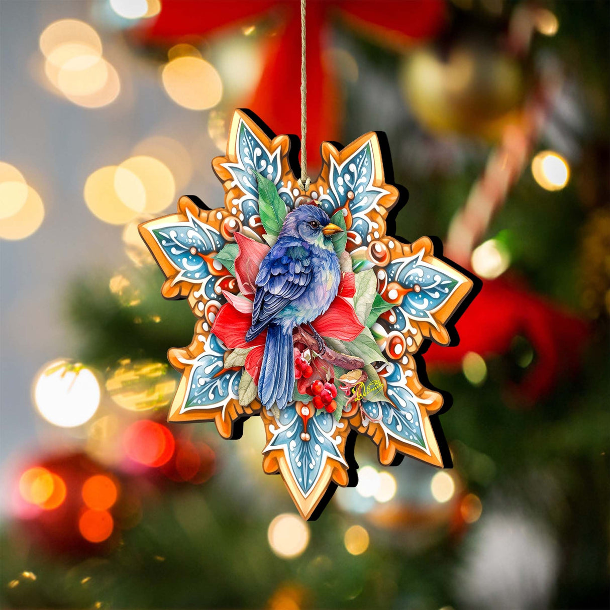 Blue Bird Snowflake Wooden Ornaments by G. Debrekht - Nature Wildlife Decor - 8688410