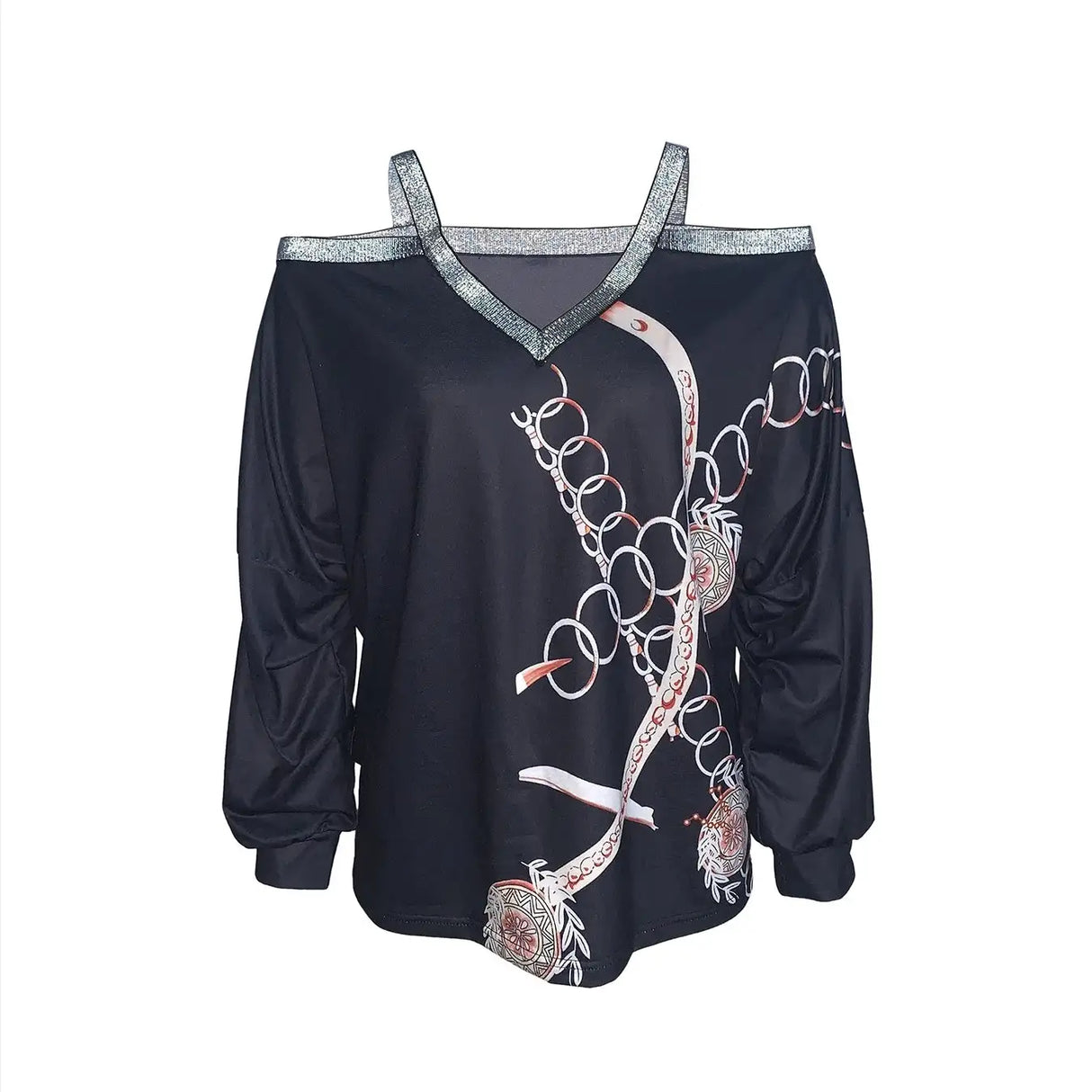 Women's Fashion New Chain Printed Sequin Cold Shoulder Long Sleeved Sweatshirt With Exposed Shoulder Top - Lootquake