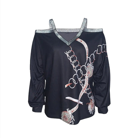 Women's Fashion New Chain Printed Sequin Cold Shoulder Long Sleeved Sweatshirt With Exposed Shoulder Top - Lootquake