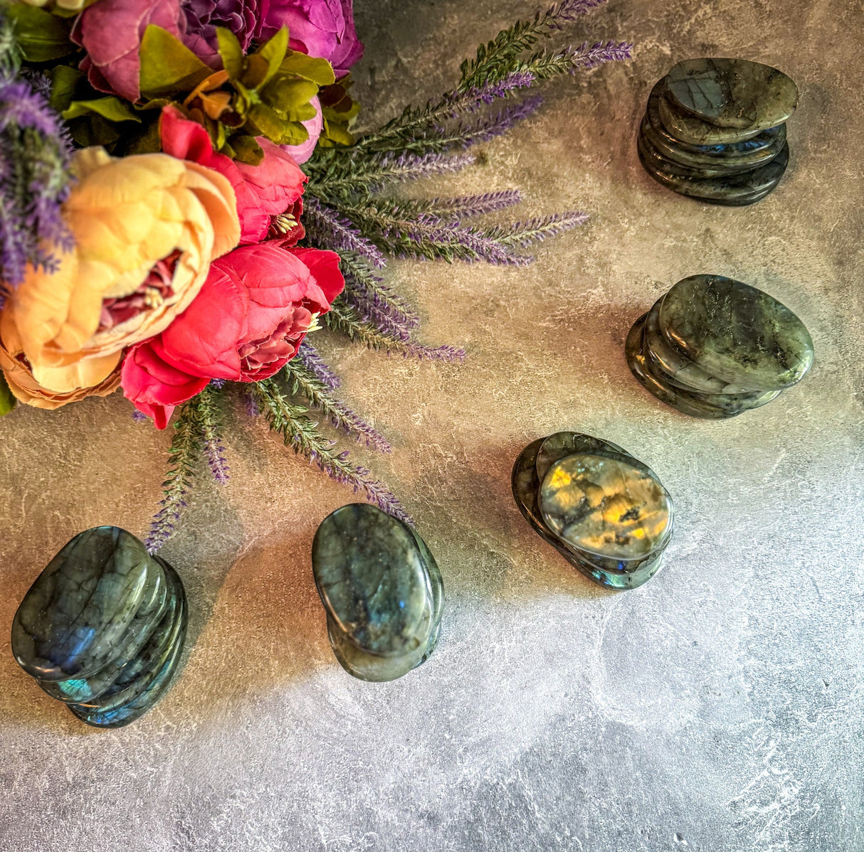 FLAT Labradorite Palm Stone, Bulk 1 Lb Bag