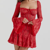 Floral Pattern Lace Tie Front Mini Dress