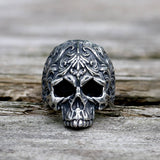 Floral Pattern Skull Head Stainless Steel Ring
