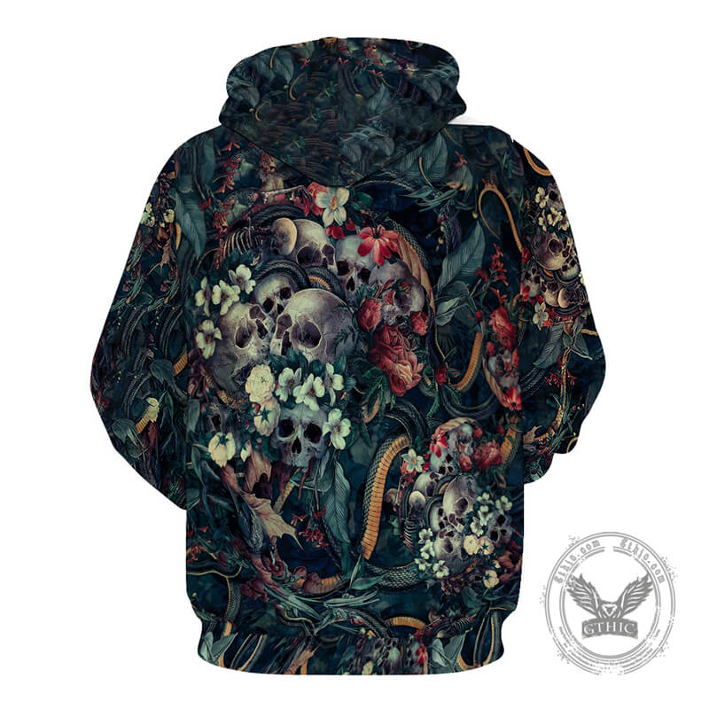Sudadera con capucha de poliéster con estampado de serpiente, calavera y flores
