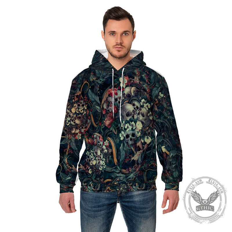 Sudadera con capucha de poliéster con estampado de serpiente, calavera y flores