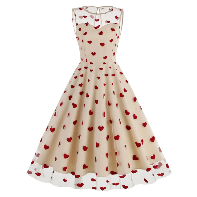 Valentines Dresses for Women Tulle Dresses for Party Sheer Mesh Heart Printed Mini Dress Fit and Flare Homecoming Dresses Sleeveless Wedding Guest Dresses Summer Cocktail Party Dress Apricot Heart 2XL - Lootquake