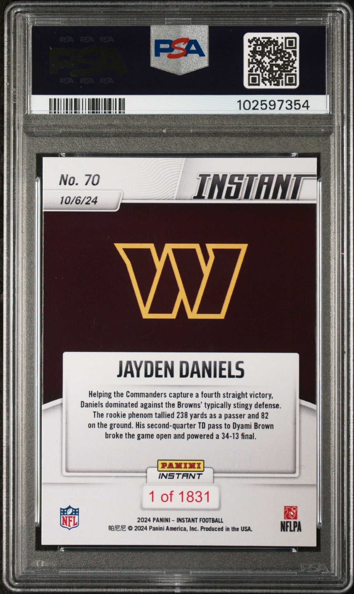 Tarjeta de fútbol americano Jayden Daniels #70 Rookie RC de Panini Instant NFL 2024, calificada, PSA 10 Gem Mint