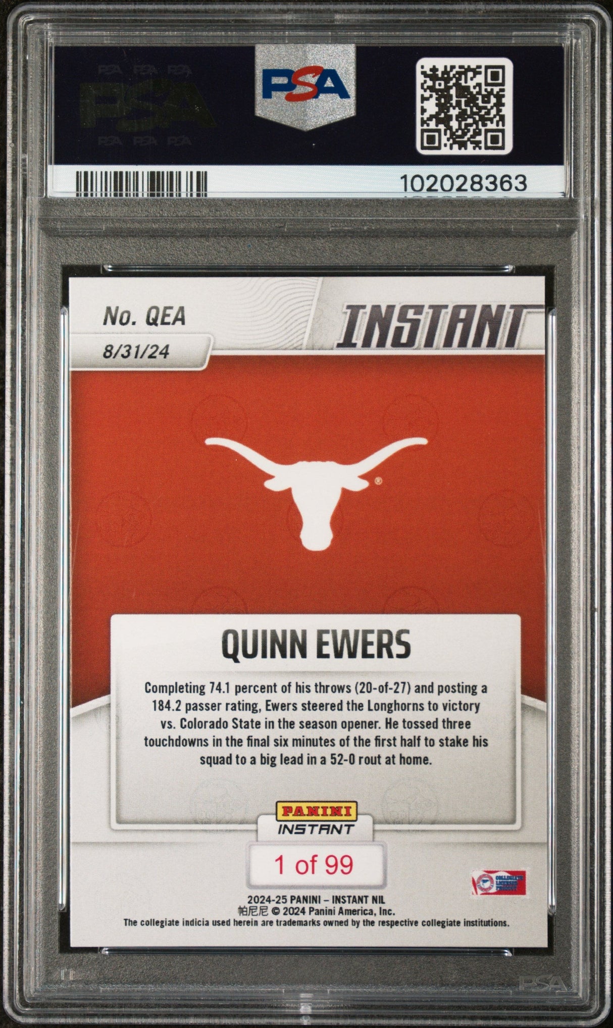 Tarjeta de fútbol RC Quinn Ewers #QEA Rookie de Panini Instant NIL 2024 PSA 9 Mint