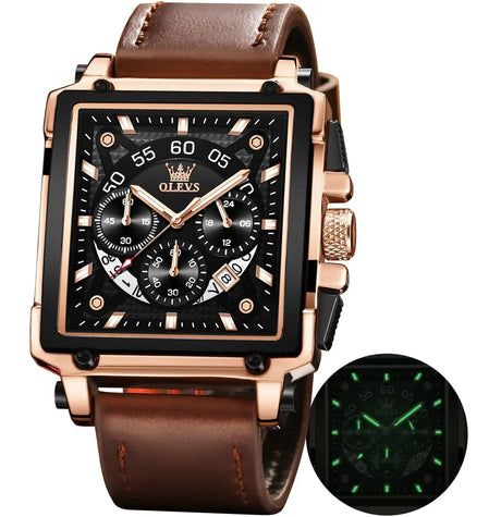 OLEVS Watches for Men Quartz Chronograph Leather Fashion Dress Watch Date Waterproof Luminous Casual Square Business Wrist Watches Black - Lootquake