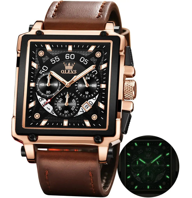 OLEVS Watches for Men Quartz Chronograph Leather Fashion Dress Watch Date Waterproof Luminous Casual Square Business Wrist Watches Black - Lootquake