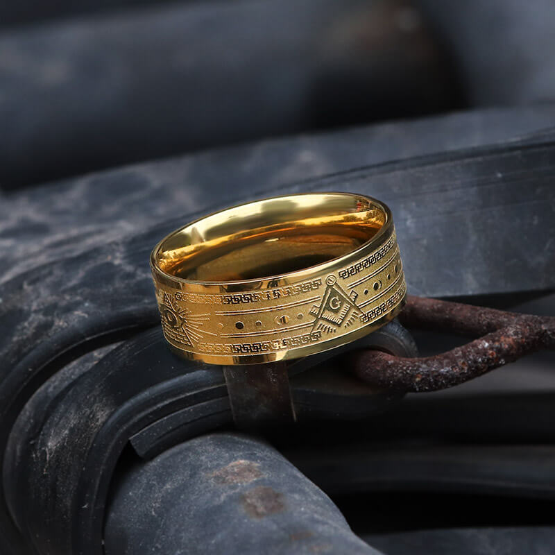 Anillo masónico de acero inoxidable AG chapado en oro