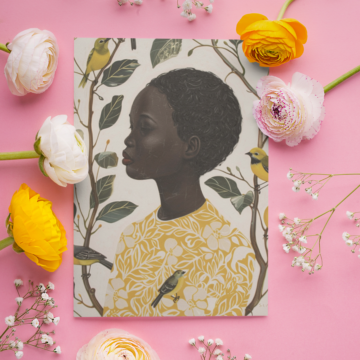 Black Girl Art Postcard - Of Bird and Bloom - Botanical Elegance