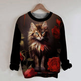 Gothic Cat Rose Print Round Neck Sweatshirt