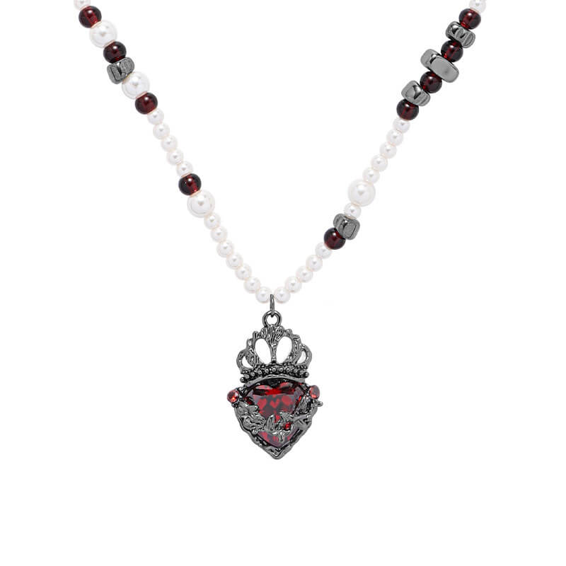 Gothic Crown Heart Shape Pearl Alloy Necklace