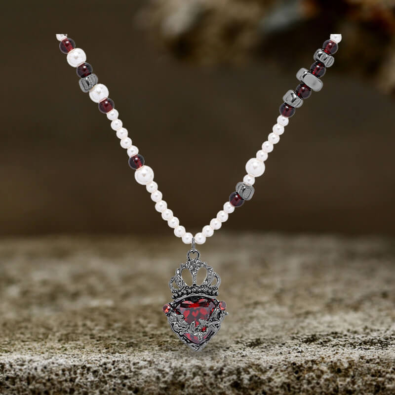 Gothic Crown Heart Shape Pearl Alloy Necklace