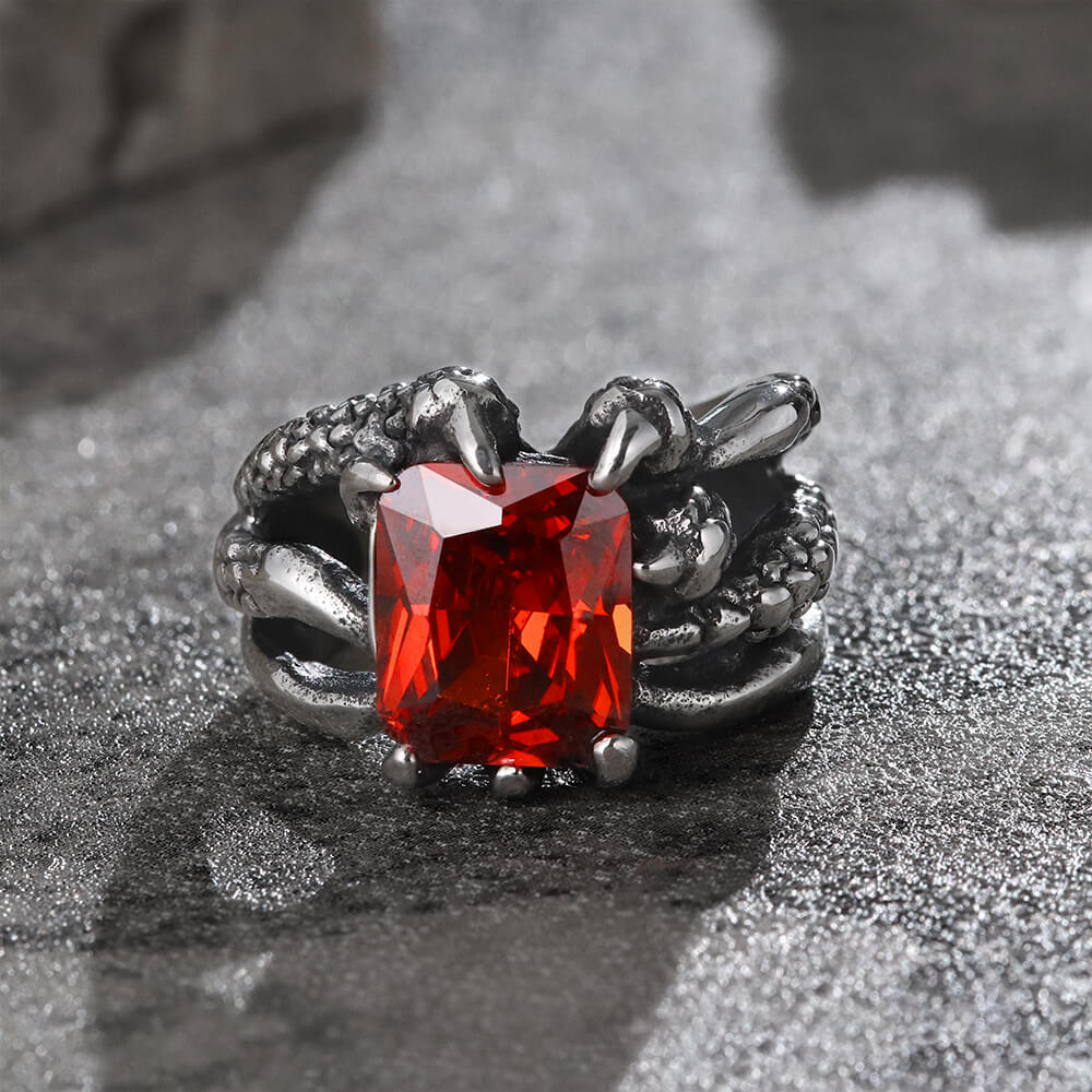 Anillo de acero inoxidable con gema y garra de dragón gótico