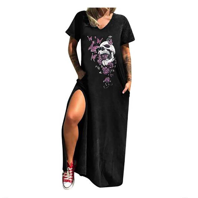 Vestido informal con cuello en V y estampado de calavera gótica para mujer