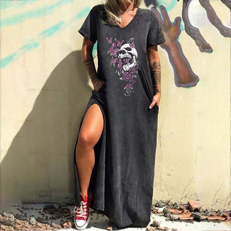 Vestido informal con cuello en V y estampado de calavera gótica para mujer