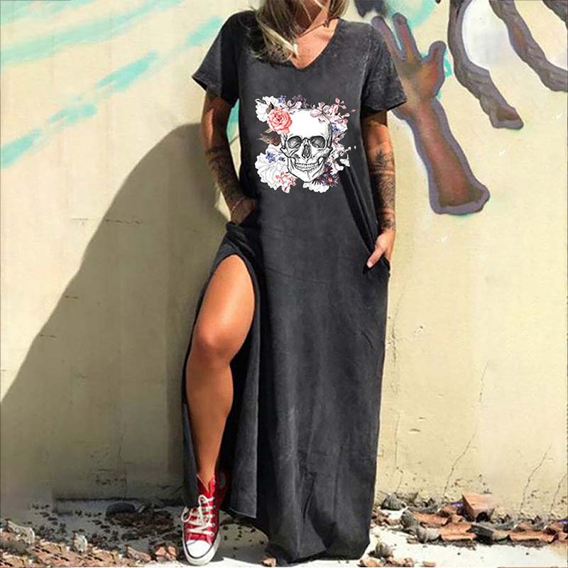 Vestido informal con cuello en V y estampado de calavera gótica para mujer
