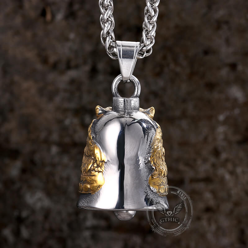 Colgante de campana de acero inoxidable con casco de lobo y calavera gótica