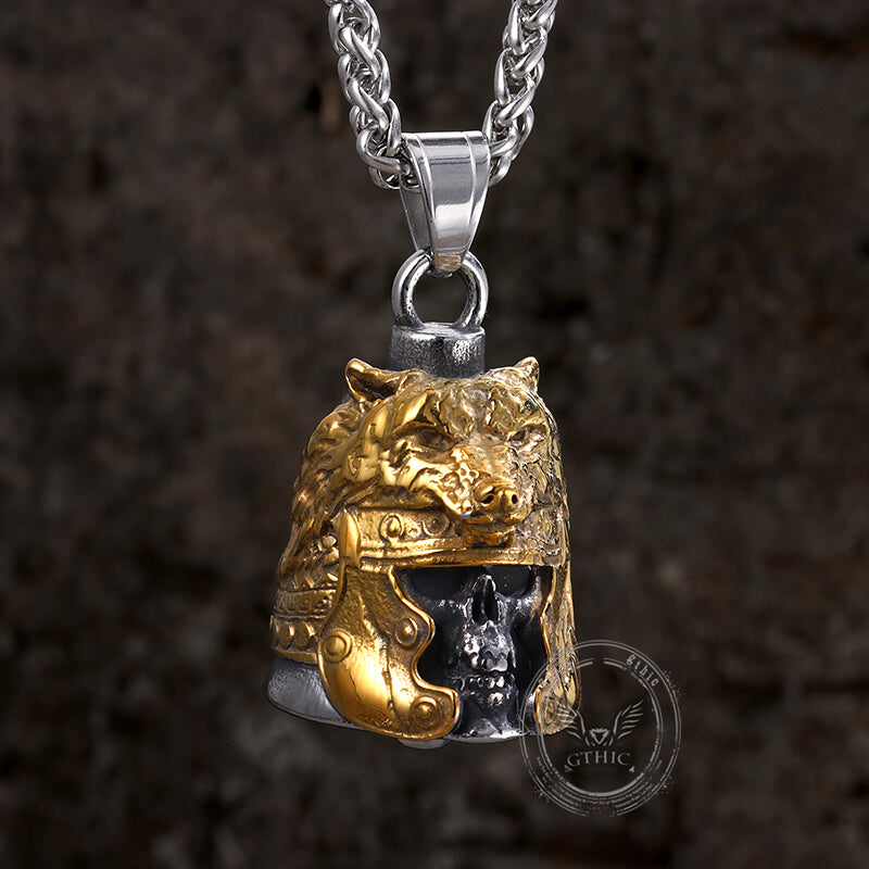 Colgante de campana de acero inoxidable con casco de lobo y calavera gótica