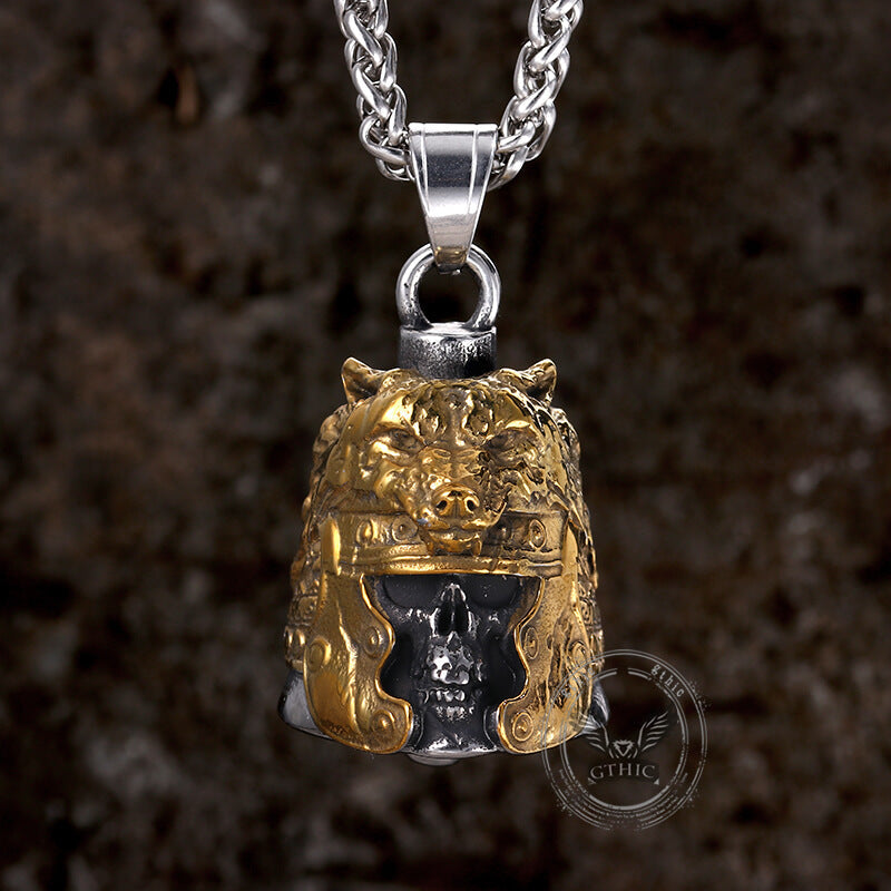 Colgante de campana de acero inoxidable con casco de lobo y calavera gótica