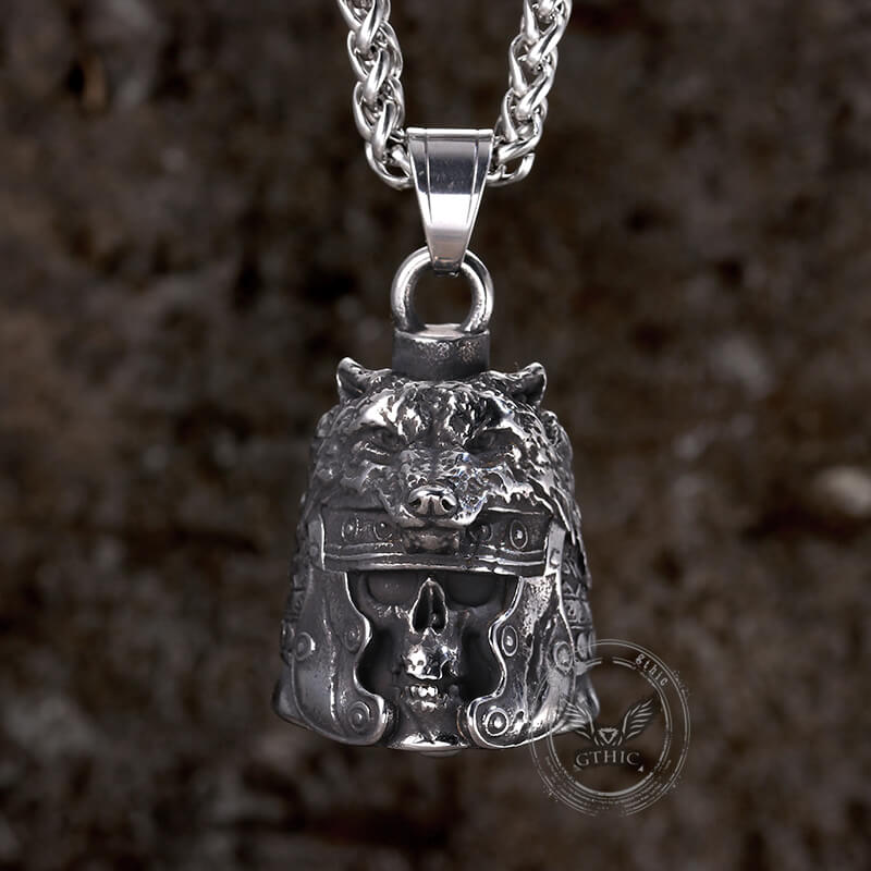 Colgante de campana de acero inoxidable con casco de lobo y calavera gótica