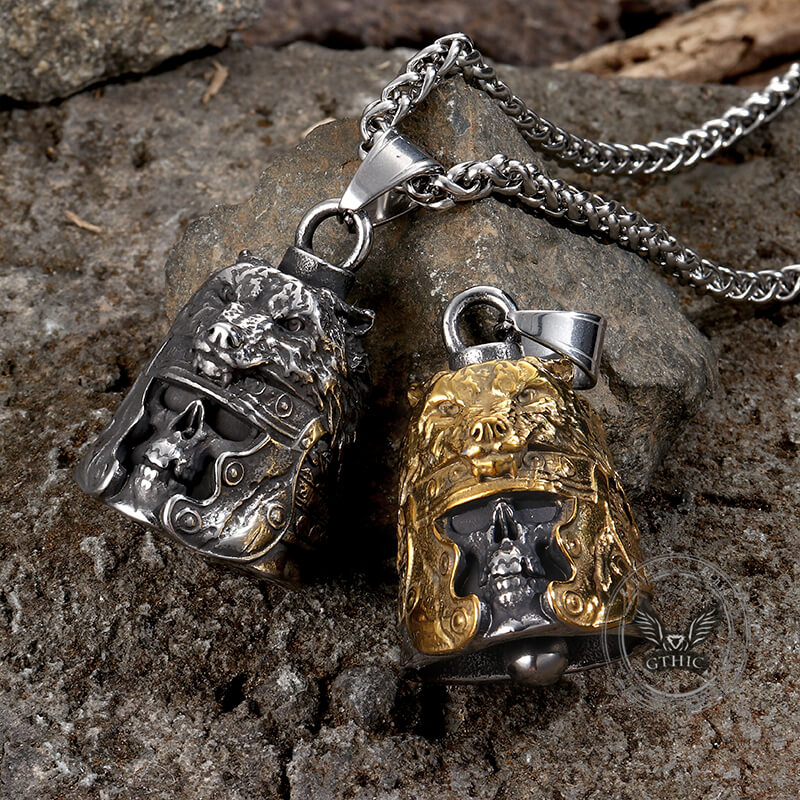 Colgante de campana de acero inoxidable con casco de lobo y calavera gótica