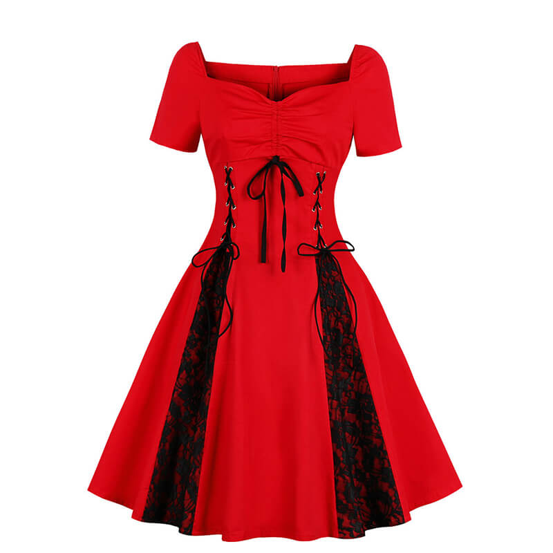 Gothic Solid Color Patchwork Lace Up Dress