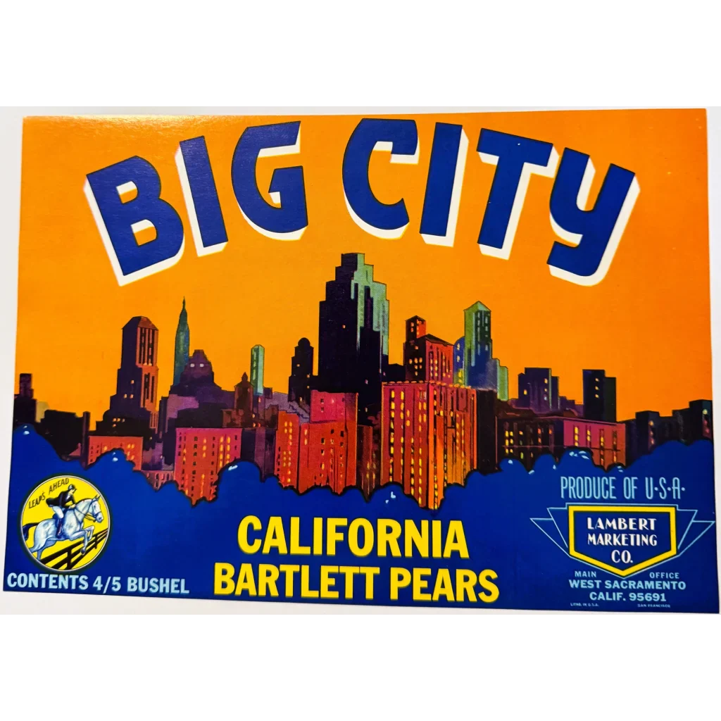 Groovy 1960s Big City Bartlett Pears Crate Label from West Sacramento