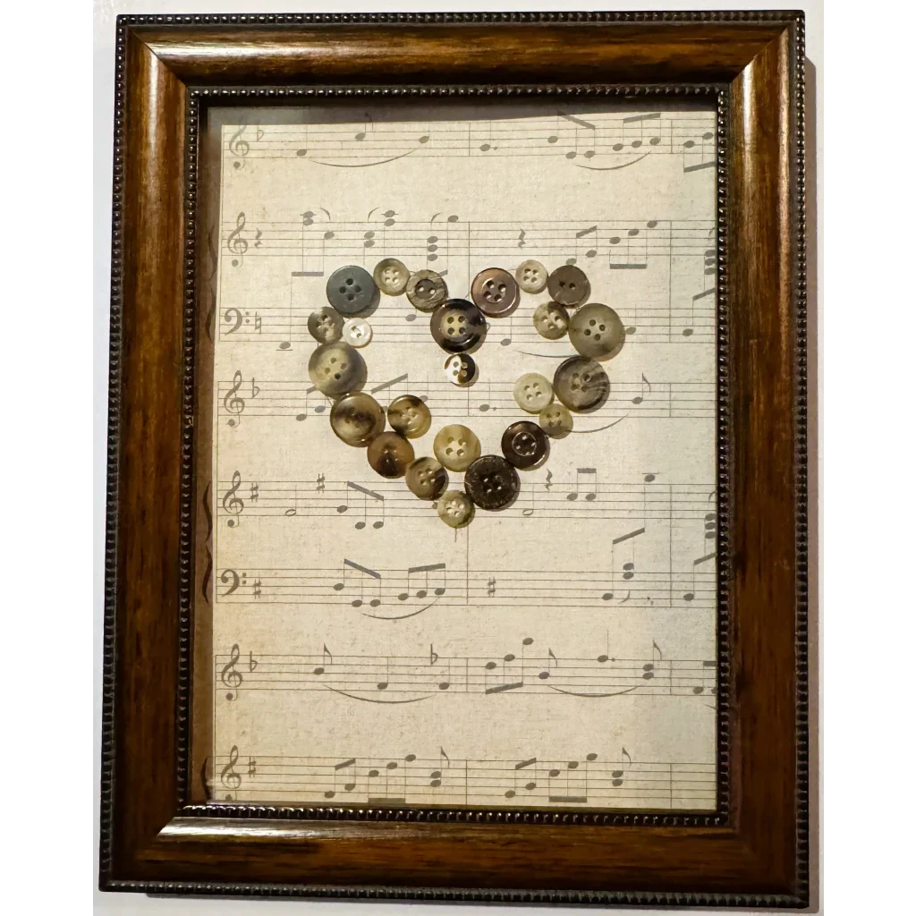 Groovy Framed Button Art Heart Radiates Good Vibes on Sheet Music