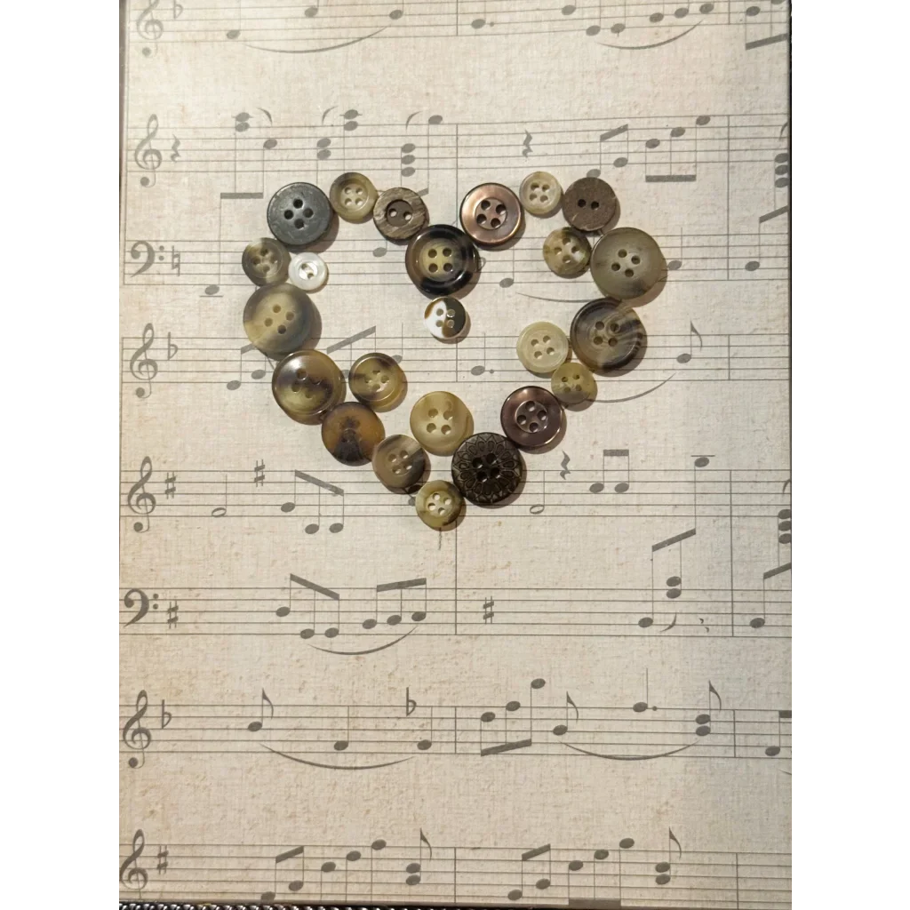 Groovy Framed Button Art Heart Radiates Good Vibes on Sheet Music