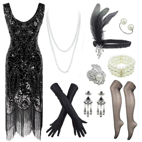 Womens 1920s Art Deco Gatsby Dresses Sequin Fringed Flapper Dresses (XXX-Large Style02-Black) - Lootquake