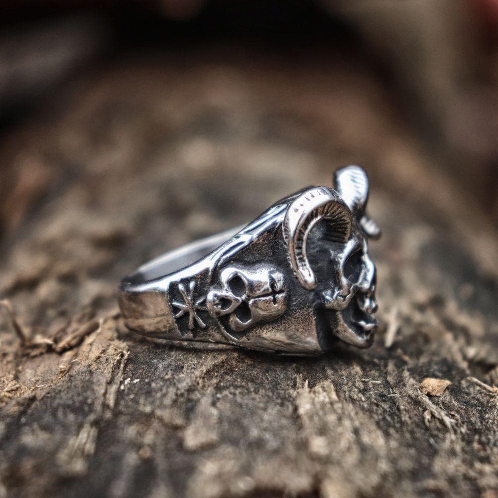 Horned Goat Devil Skull Ring