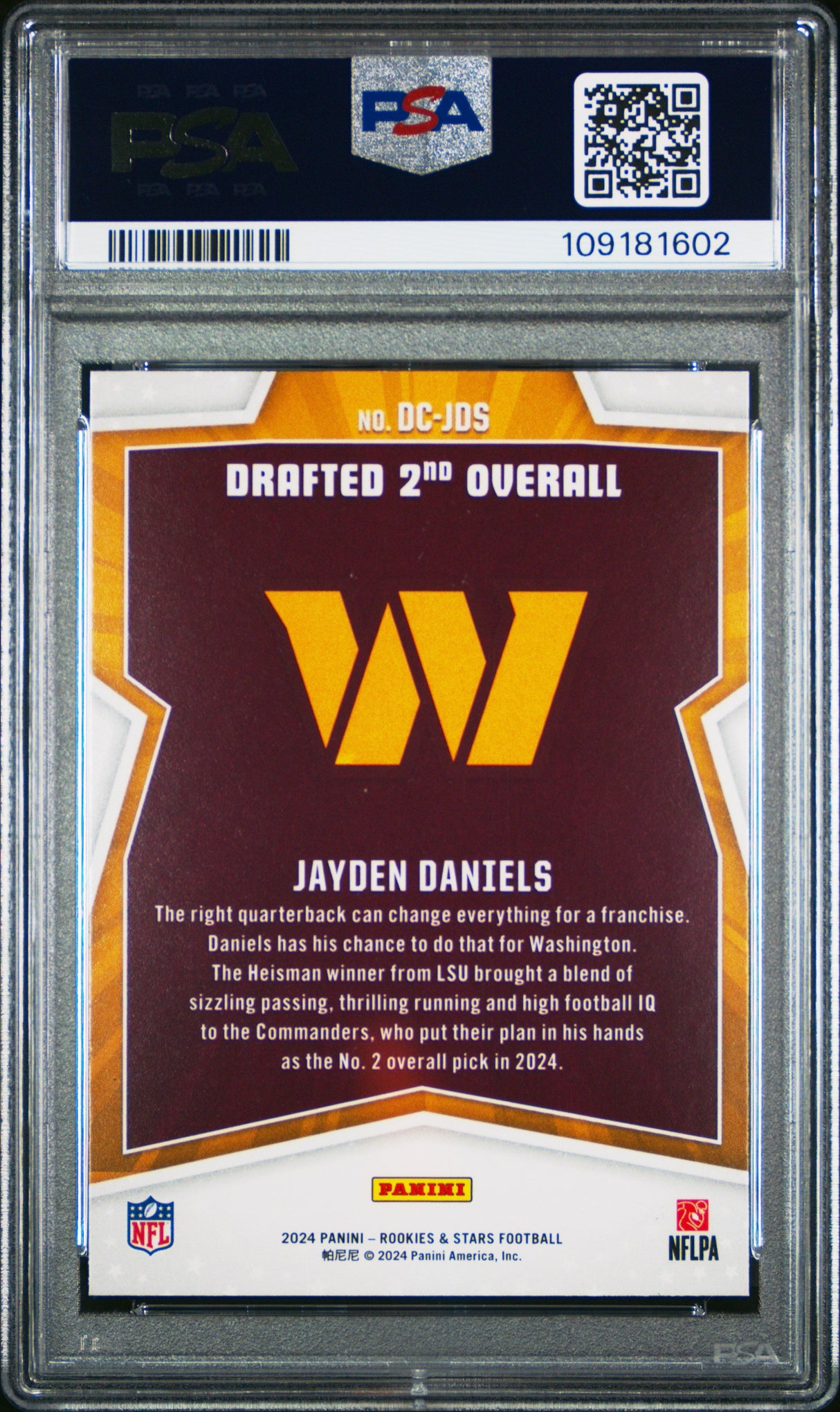 Graded 2024 Panini Rookies & Stars Jayden Daniels #DCJDS Draft Class Rookie RC Football Card PSA 10 Gem Mint