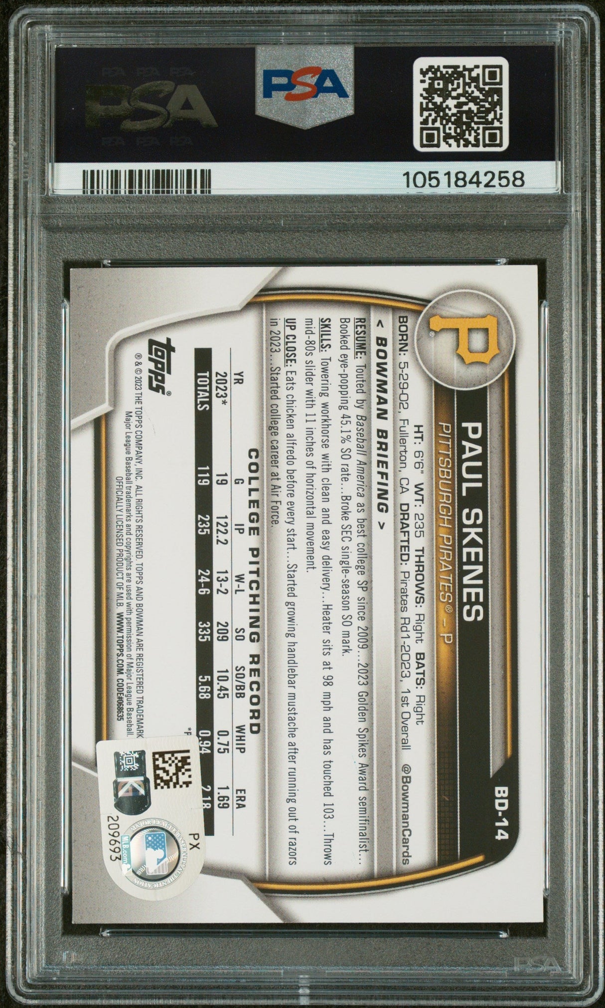 Tarjeta de béisbol de novato Paul Skenes #BD14 del Draft Topps Bowman 2023, calificada, PSA 10, Gem Mint