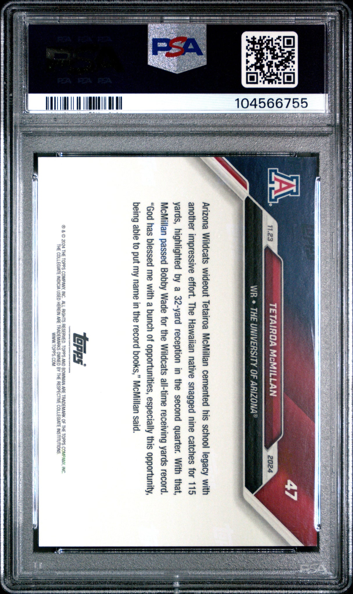 Tarjeta de fútbol RC Tetairoa McMillan #47 de novato Topps Bowman U (clasificada en 2024) PSA 10 Gem Mint