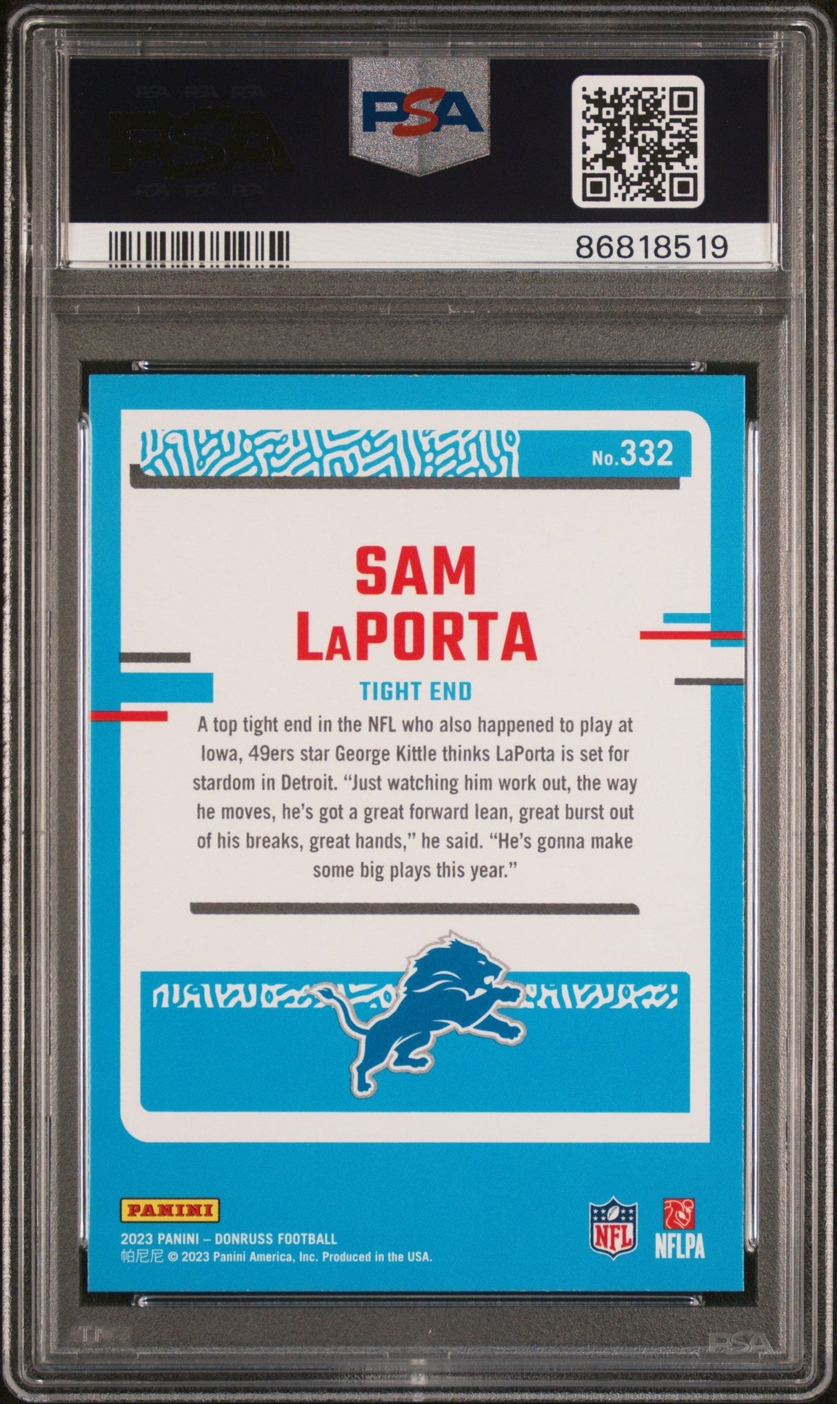 Tarjeta de fútbol RC de novato Sam LaPorta n.° 332 de Panini Donruss, clasificada en 2023, PSA 10 Gem Mint