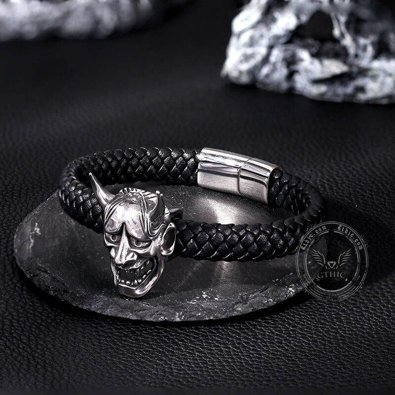 Hannya Oni Stainless Steel Leather Bracelet