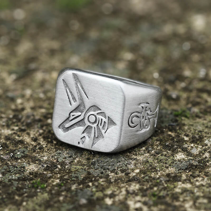 Anillo egipcio de acero inoxidable con Horus y Anubis