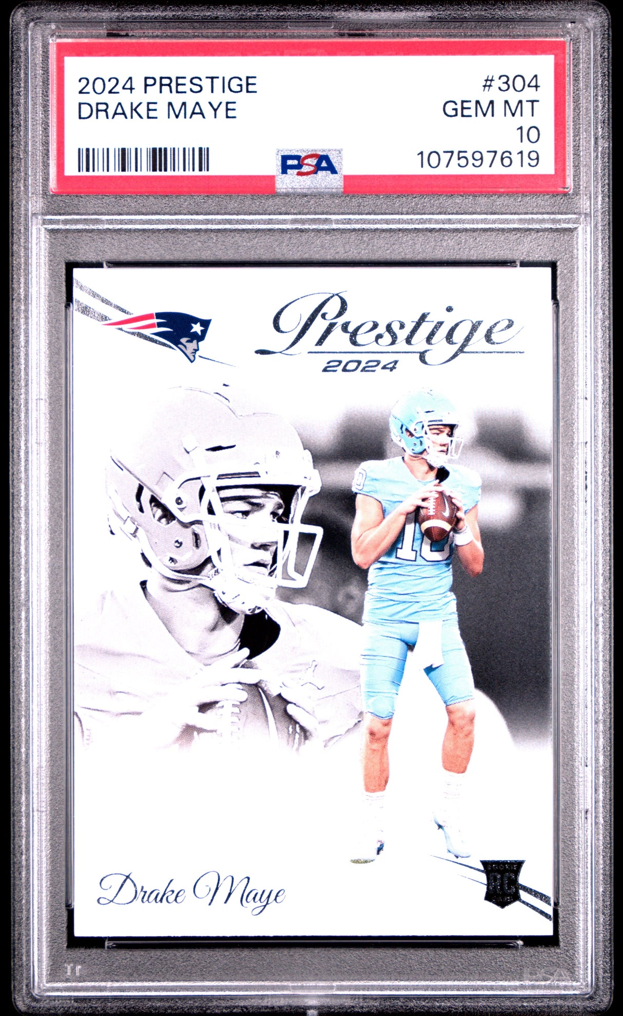 Tarjeta de fútbol Panini Prestige Drake Maye n.° 304 Rookie RC, clasificada en 2024, PSA 10 Gem Mint