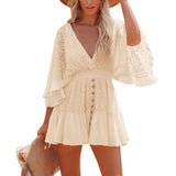 Womens Lace V Neck Mini Dresses Batwing Sleeve Backless Crochet Ruffle Mini Dresses Apricot L - Lootquake