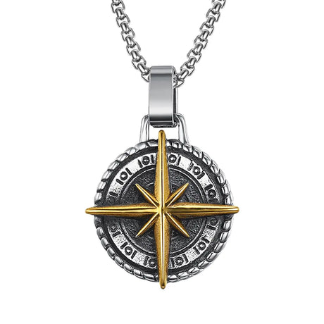 JWM Mens Pendants Necklaces Jewelry for Adults with 23.6 Stainless Steel Square Pearl Chain (022-Golden Compass Necklaces) - Lootquake