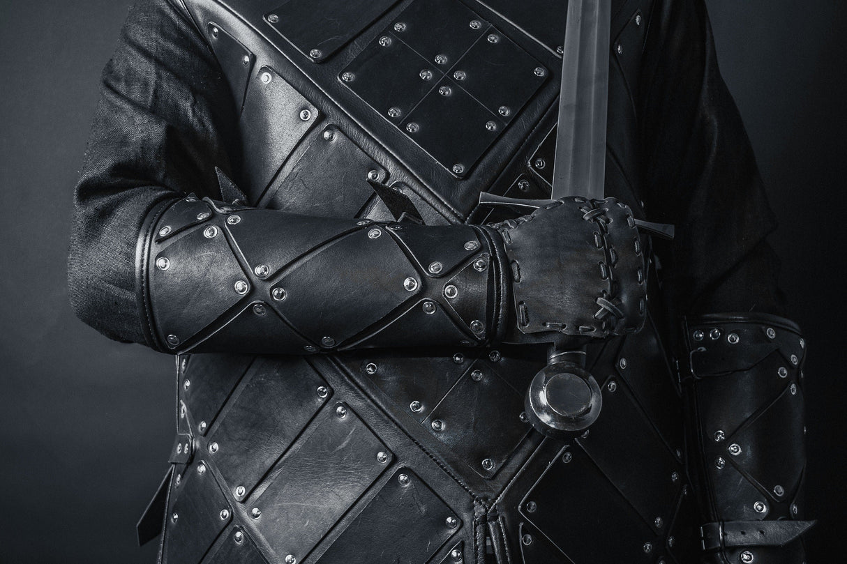 Medieval leather bracers with hand protection
