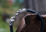 Silver Wolf's Heads Leather Black Braided Bracelet