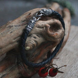 Silver Dragon's Heads Leather Black Braided Bracelet
