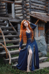 Elegant Lace-Up Blue Dress
