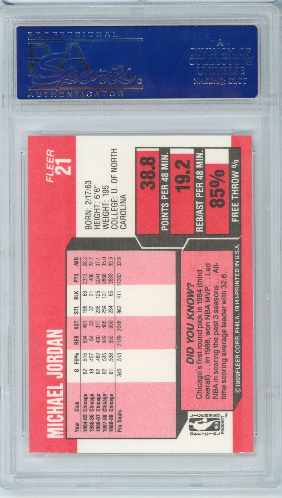 Tarjeta de baloncesto Fleer Michael Jordan n.° 21 de 1989, clasificada PSA 9 Mint
