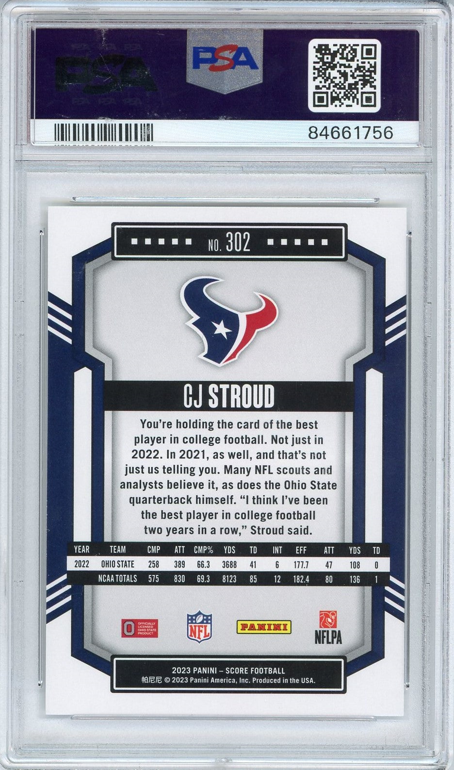 Tarjeta de fútbol RC de novato CJ Stroud n.° 302 de Panini Score 2023, PSA 10 Gem Mint