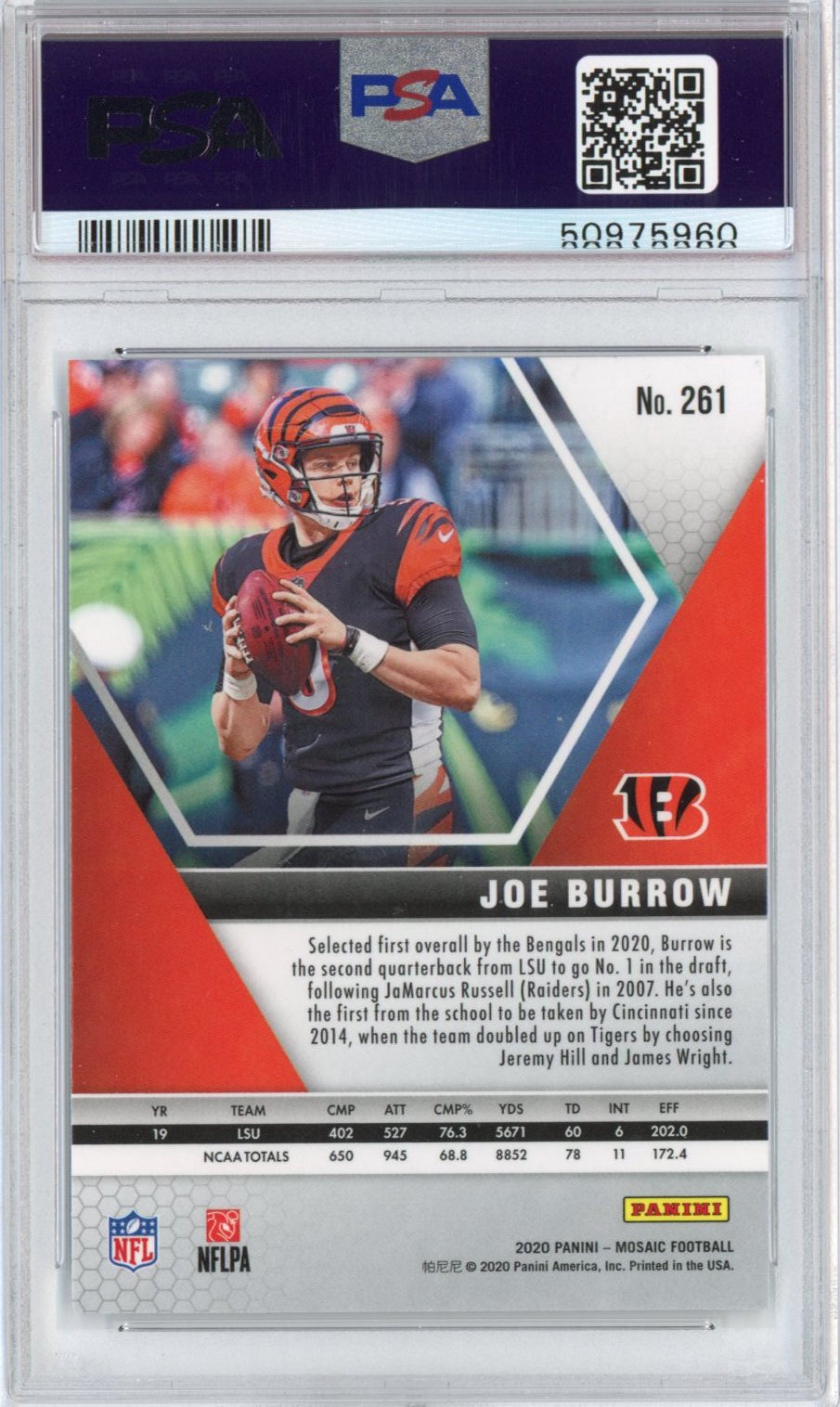 Tarjeta de fútbol RC de Joe Burrow n.° 261, novato, Panini Mosaic, 2020, PSA 9 Mint