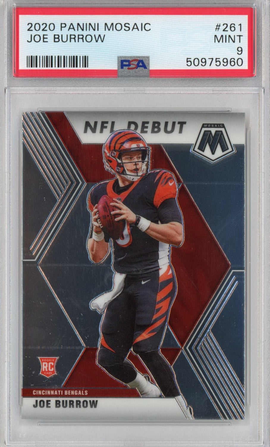 Tarjeta de fútbol RC de Joe Burrow n.° 261, novato, Panini Mosaic, 2020, PSA 9 Mint